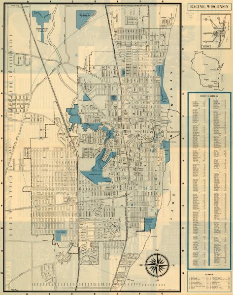This map of Racine includes a street directory and index of public buildings. Streets, points of interest, Lake Michigan, and the Root River are labeled. An inset map show highways in Racine. The back of the map includes facts about Racine and photographs. Back reads: 'Racine..."Belle City of the Lakes"'.
	