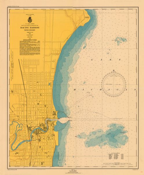This map of Racine Harbor has relief shown by contours and depths shown by gradient tints and soundings in feet. The map also shows Racine Reef, Wind Point South Shoal, railroads, roads, and public and commercial buildings. The back of the map has an outline of charts of the Great Lakes.