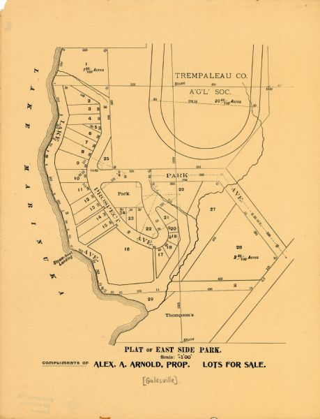 This maps shows part of Galesville, Trempealeau County, Wisconsin. The map shows lots for sale, local streets, and part of Lake Marinuka. Lots are numbered and some streets are labeled.
