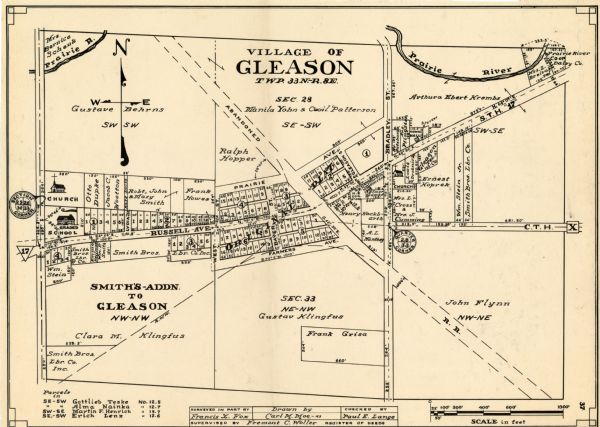 This map of the Village of Gleason shows land ownership by name, local streets, railroads, churches, schools, and part of Prairie River. The bottom left of the maps shows "Parcels" with land owner's names. The bottom margin of the map reads: "Surveyed in part by Francis X. Fox... Drawn by Carl M. Moe - 43... Checked by Paul E. Lange... Supervised by Fremont C. Woller Register of Deeds." The map falls in Township 33 North, Range 8 East, Section 28.