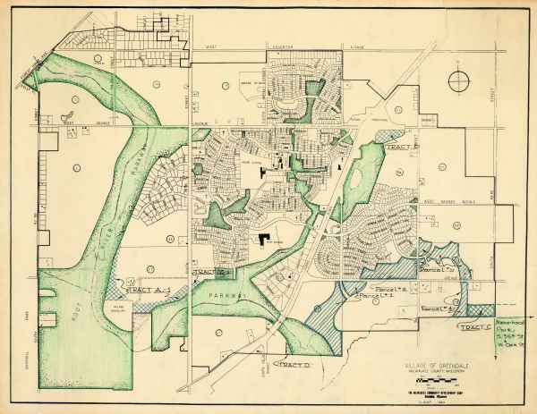 This map of Greedale shows local streets, parks, schools, and churches and includes manuscript annotations in green and blue showing tracts and parcels of lands. The map shows Greendale in August of 1960.