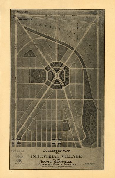 This map of Granville shows local streets, local businesses, and industrial areas. Some streets are labeled: "Lovers Lane Road," "Granville Road," and "Brown Deer Road." The map was created by Charles B. Bennett, a City Planning Engineer for the Board of Public Land Commissioners of Milwaukee.