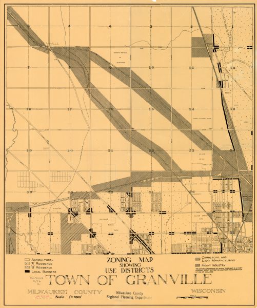 This map of Granville visually shows different types of zones: agricultural areas, "A" residence, "B" residence, local businesses, commercial and light manufacturing areas, and heavy industry areas. The bottom right of the map reads: "The zoning ordinance of which this map is a part does not apply within the limits of incorporated cities or villages."