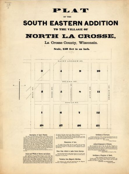 This map of the Village of North La Crosse is partially hand-drawn and includes text about the land in the lower margin.
	