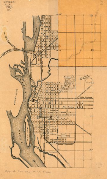 This map of La Crosse shows the Chicago, Milwaukee and St. Paul Railroad, the Southern Minnesota Railroad and the Chicago, Dubuque and Minnesota Railroad, the Green Bay and Minnesota Railroad, the Horse Rail Road, the Oak Grove Cemetery, Fair Grounds and Trotting Park, and Shooting Park. Streets are labeled as are ward boundaries, islands, and the Mississippi River. The upper right corner of the original map is missing and replaced with a mounted manuscript annotation.