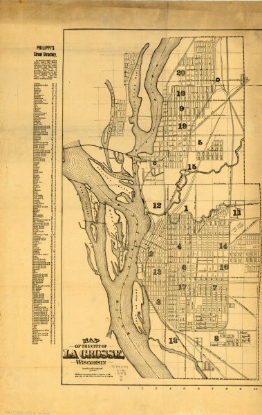 This map of La Crosse shows wards 1-20, streets, railroads, the Inter State Fair Grounds, islands, and the Mississippi River. Relief is shown by hachures. The left margin of the map includes "Philippi’s street directory." Below the title the map reads: "Entered according to Act of Congress in the year 1893 in the Office of Library of Congress."