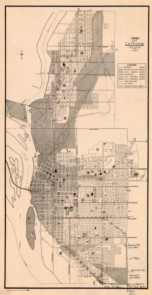 This map of La Crosse shows different types of land zoning: residence, multiple dwelling, local business, commercial, light industrial, heavy industrial, ward boundary, city limits, and through traffic streets. The map also shows important buildings, islands, and the Mississippi River. Also included on the map are manuscript annotations of existing and proposed water pipes in the southeast portion of the city.