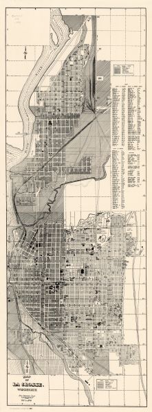 This map of La Crosse shows residential, multiple dwelling, local business, commercial, light industrial, heavy industrial and special multiple dwelling land zonings. The map also shows city streets, parks, cemeteries, schools, hospitals, churches, fire stations, sewage treatment plant, the La Crosse Home for Children, the YMCA, the public library, the State Teachers College, the State Training School, railroads, railroad depots, the Interstate Fair Grounds, city hall, the court house, the US Bureau of Fisheries, the City Water Works, the county jail, and the swimming pool. The right margin of the map includes an index of streets. Below the title the map reads: "Drawn 1952, revised September 1954."
