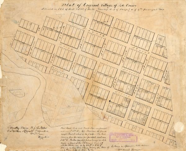 This map of La Crosse is ink and pencil on paper and shows lot and block numbers, as well as buildings. An inscription on the bottom of the map reads: "Timothy Burns, H[armon] J.B. Miller & Nathan Myrick, proprietors ; Wm. T. Price, register."