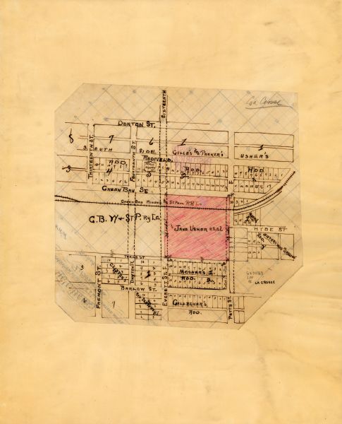 This map of the southern part of La Crosse is pen on cloth and shows proposed streets crossing the lands of Jane Usher and the Green Bay, Winona and St. Paul Railroad Company. The map also shows adjacent additions and railroad.