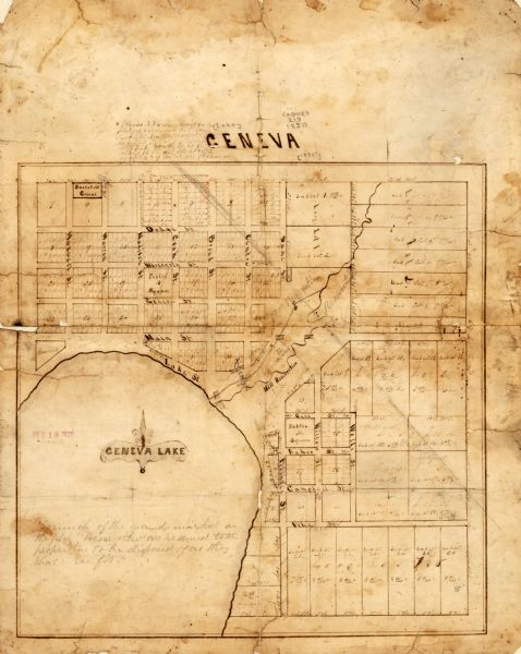 This map of Geneva shows lots and acreages, reserved land, and public squares. Streets and Lake Geneva are labeled. The map includes manuscript annotations.