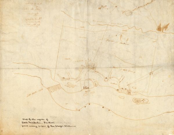 This map of the Little Kaukalin Region is ink on paper and shows Little Kaukalin Rapids, Black Bird Island, buildings, trails, meadows and woods, and a sugar camp. The map is oriented with north towards the upper right.