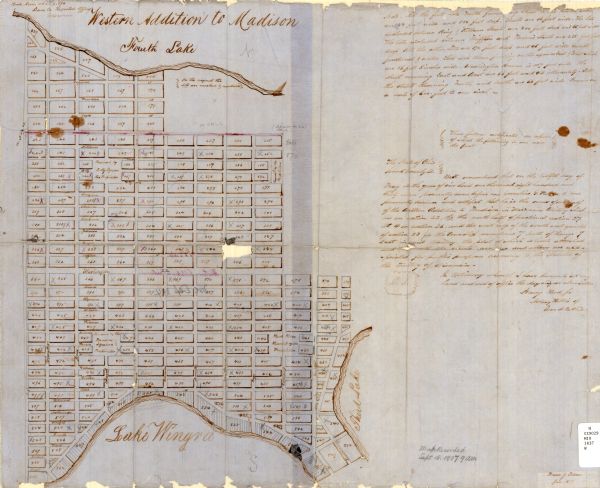 This map is ink and pencil on tracing paper. The map shows plats of a western section of Madison. The lakes are labeled "Fourth Lake", "Third Lake" and "Lake Wingra." The map also includes significant manuscript annotations.