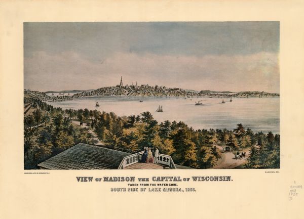 This bird's-eye-view map of Madison is looking north across Lake Monona. The map features two women and two men on a lookout on top of a building in the foreground. Along the lake, couples are strolling, horseback riding, and going for carriage rides. On the lake are boats, and homes and churches can be seen across the lake on the far shoreline.