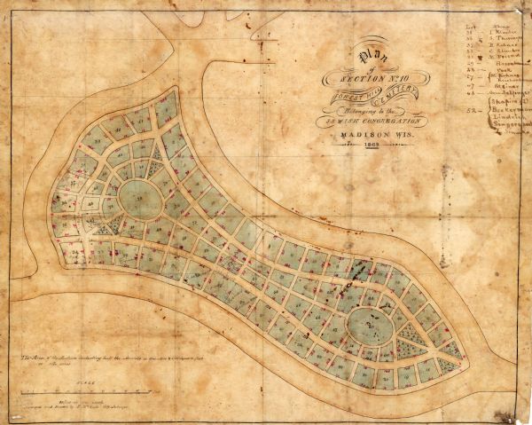 This map of Forest Hill Cemetery is ink and watercolor on cloth. The upper right hand margin contains an index by name and lot. The bottom left corner reads: "The Area of the Section including half the Avenues is one Acre & 5756 Square feet or 1 13/100 acres."