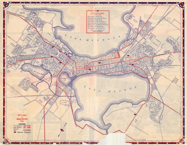 This map features a legend of highways, railroads, parks, and service stations. The cover and inside of the map features pictures of attractions in Madison and on the University of Wisconsin campus. The cover reads: 'Madison "The University City."' The back of the map has an extensive advertisement for "D-X Lubricating Motor Fuel and D-X Ethyl" as well as "Diamond 760 Motor Oil."