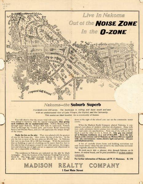 This map shows the Nakoma neighborhood in Madison including the "Proposed Golf Ground." The map reads: "Nakoma--the Suburb Superb." The map includes texts about the proposed neighborhood.
