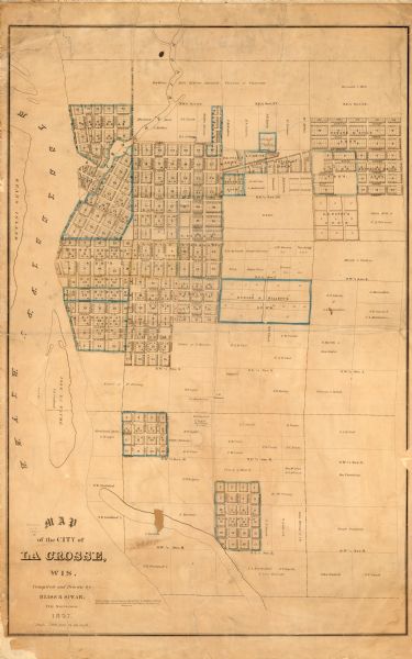 This map show city plats including the name and number of the plats as well as some land ownership. Some of the plats have manuscript annotations outlined in blue, green, and yellow. The Mississippi River is labeled to the left.