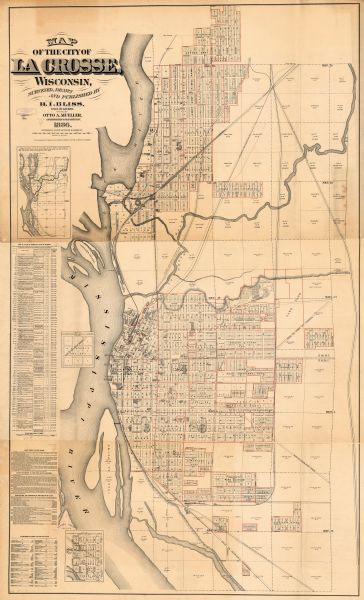 This map has relief shown by hachures and includes a list of plats in order of date of record, laws which vacate plats, plats not shown as upon the county records, description and contents of the tracts of land, alphabetical index to list of plats. Plat additions are outlined in red manuscript annotations. The map shows names of additions, streets, railroads, roundhouses, mills, schools, churches, pump house, dry house, post office, boarding houses, banks, foundry and machine shops, railroad depots, saw mills, hotels, street car stable, Oak Grove Cemetery, Trotting Park, Concordia Social Hall, Gas Works, G. Zeisler’s Brewery, cooper shop, tanneries, La Crosse Plow Works, threshing machine factory, carriage factory, court house, jail, electric light tower, American Express Office, pork packing houses, La Crosse Business College, Opera House, La Crosse Cracker Company, flouring mills, wagon shops, Marble Works, City Scales, Boiler Works, City Water Works, soda water factory, C and J Michels Brewery, armories, woolen mills, convent, hospital, G. Heilemans Brewery, Gunds Empire Brewery, shooting park.