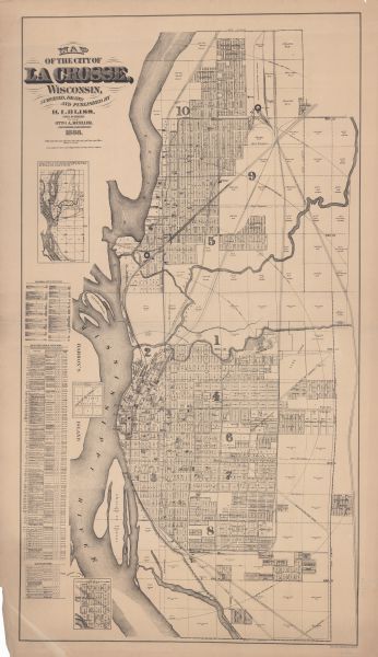 This map has relief shown by hachures and features inset maps of a plat of E.D. Clinton and Blackwell’s add’n to the City of La Crosse. Wards (1-10) shaded in color. The map has an alphabetical index to list of plats, List of plats in order of date of record, Plats not upon record.The map also shows names of additions, streets, railroads, roundhouses, Burlington Club House, sawmills, schools, mills, churches, Hanford Oil Company Warehouse, banks, post office, boarding houses, foundry shops, street car stables, cemeteries, Trotting Park, Concordia Social Hall, breweries, gas works, cooper shops, tanneries, La Crosse Plow Works, Electric Light and Power Co.,carriage factory, flour mills, hotels, pork packing houses, court house, jail, La Crosse Business College, La Crosse Cracker Company, marble works, library, market square, Boiler Works, City Water Works, pump house, dry house, public square, soda water factory, hospital, convent, woolen mill, armory, Saint. Michaels Orphan Asylum, shooting park.