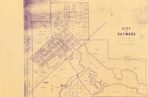 This map shows a plat of city, wards, sections, land ownership by name, local streets, roads, railroads, local businesses, schools, and parks. This map is a blue line print.