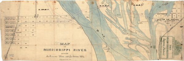The map is watercolor, pencil, and ink on tracing cloth and shows plats of both cities, local streets, railroads, mills, township divisions, bridges, and parts of the Mississippi River. The map includes a patent stamp and logo that reads: "By Her Majesty’s royal letters patent, the Vellum Tracing Cloth, Sagans Patent, Broughton Works Np, Manchester."