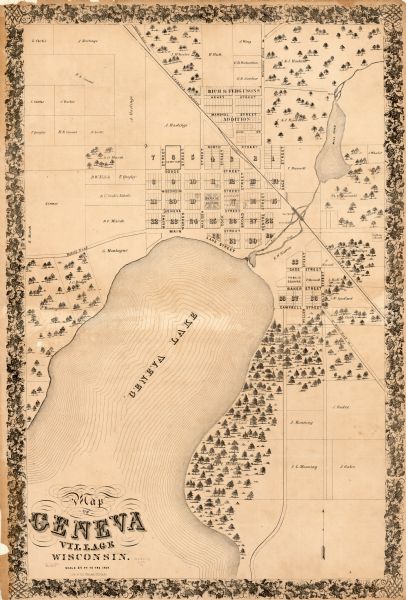 This map has relief shown pictorially and shows plat of the city, block numbers, land ownership by name, local streets, railroads, mill pond, and part of Geneva Lake.