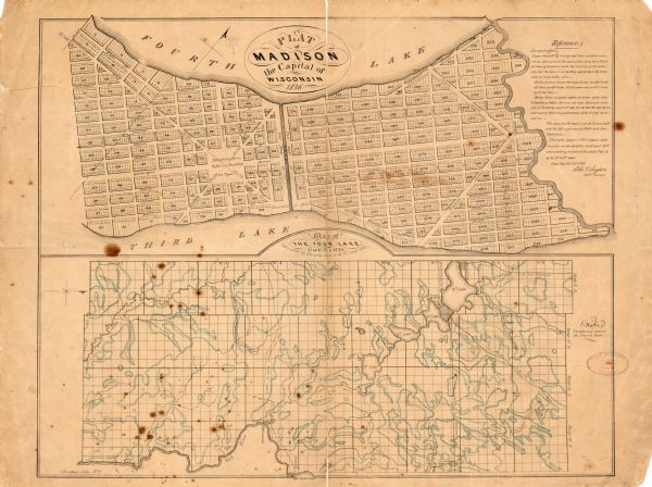 This map show plat of the city, local streets, block numbers, section lines, and canals. The map includes reference text: "Surveyor's office, Brown County W.I. I certify that I have carefully meandered and measured the exterior lines of the above Plat of the Town of Madison (with the exception of the outlet) and that the same is a true Map according to the Field notes on record in this office.- All the Avenues except Skermans Avenue, are 132 ft. wide All streets are 66ft. wide. All full square Lots are 66 ft. wide by 132 feet deep.~ All the Blocks included within the borders of the Lakes & Franklin & Fulton Avenues, are high, dry & well situated for Building, except Nos. 166. 167. 191. 192. 194. 197. 187. 216 and most of those are good meadow land, being wet prairie.~ The place for the Canal is perfectly practicable and the fall sufficient for Mills and other~~Machinery.~ The public Square is 914 ft. square, and situated on an elevation of at least 50 ft. commanding a view of the whole Plat & of the 3d. & 4th. lakes. Green Bay, Oct.r 27th, 1836. John V. Suydam Dist. Surveyor."