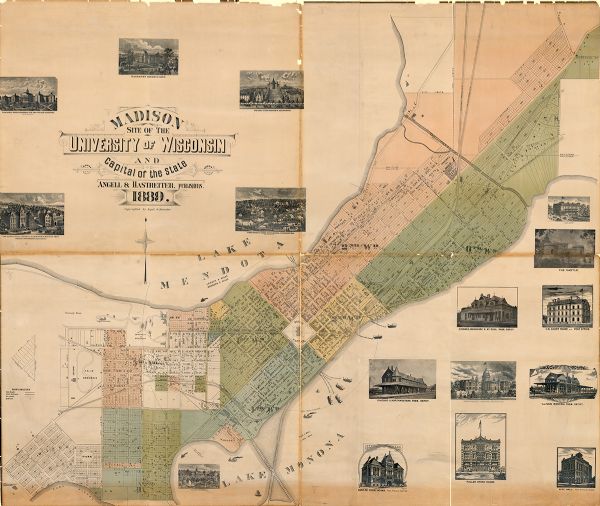 This map shows a plat of city, city limits, numbered blocks, numbered lots, wards, local streets, roads, railroads, street railways, fire limits, hydrants, buildings, University of Wisconsin location, and fair grounds. The map includes illustrations of public and university buildings.