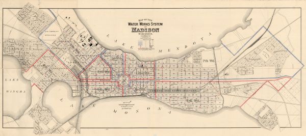This map shows a plat of the town, wards, buildings, the state capitol, local streets, railroads, and parts of Lake Mendota, Lake Monona, and Lake Wingra. The map includes manuscript annotations on carboard on the back.