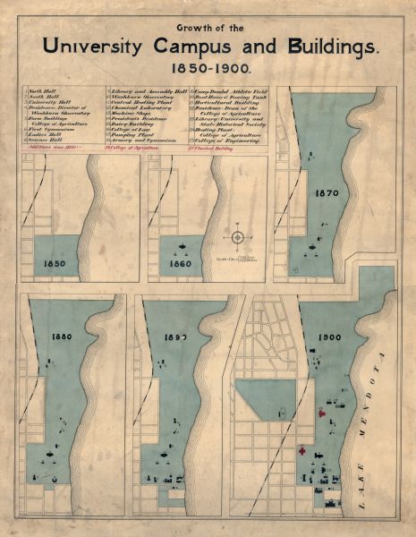 This map shows the expansion of the University of Wisconsin-Madison campus growth between the years of 1850 and 1900. The map is indexed by building name and shows the locations of university buildings from the years 1850, 1860, 1870, 1880, 1890, and 1900.