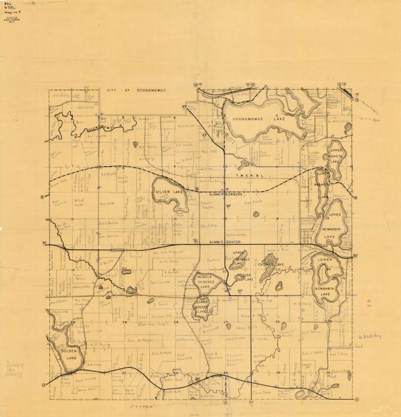 This map shows township sections, roads, railroads, and lakes. The map also features extensive manuscript annotations noting landownership in pencil. Stamped in the upper left corner is: "Wisconsin State Planning Board."
