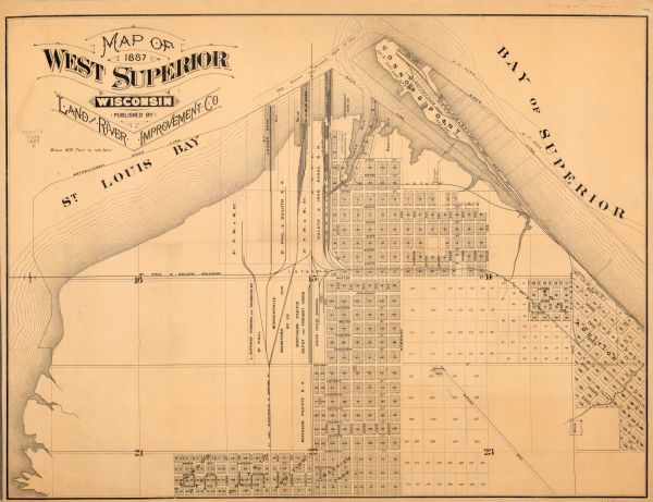 This map shows lot and block numbers, established dock lines, docks, slips, railroads, and streets of West Superior in 1887.