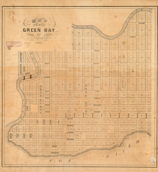 This map shows a plat of town, local streets, and parts of East and Fox Rivers.