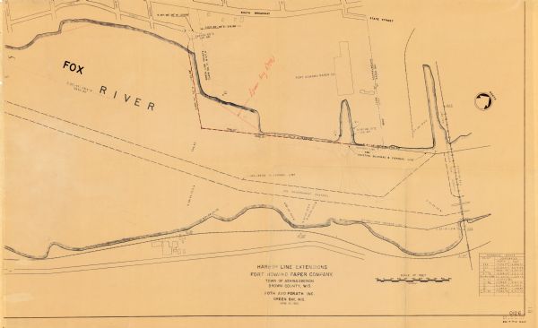 This map shows established harbor lines, local streets, railroads, U.S. government channel, and part of Fox River. The map includes a table of reference points and coordinates and also includes manuscript annotations in red. The lower right margin reads: "Rev. 3-17-61 D.A.H."