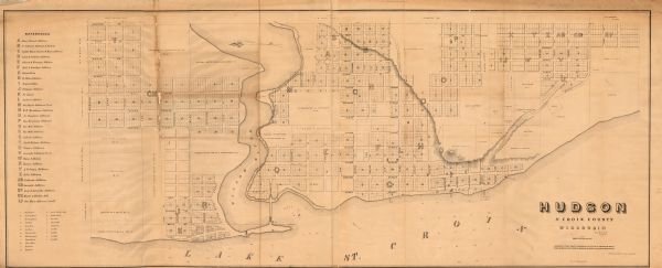 This map shows a plat of city, land ownership by name, local streets, roads, and part of Willow River and Lake St. Croix. The map is indexed by additions and buildings and relief is shown by hachures.