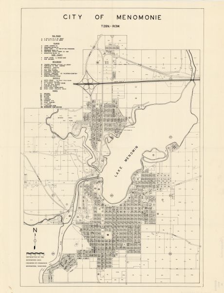 This map shows lot and block numbers, additions, and rural acreages and includes an index of rail roads, industrial plants, Dunn County and Menominee owned facilities, schools, and parks.