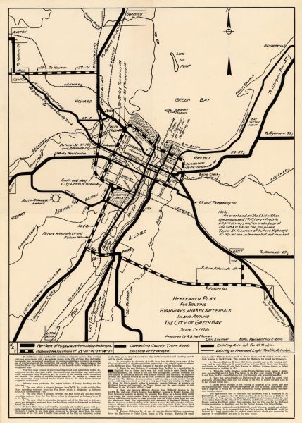 This map shows portions of highway remaining unchanged, proposed relocations, connecting county trunk roads existing or proposed, existing arterials, and existing or proposed light traffic arterials. The map also shows industry areas, railroads, airport, and proposed overheads and underpasses. The bottom margins of the map have text. 
