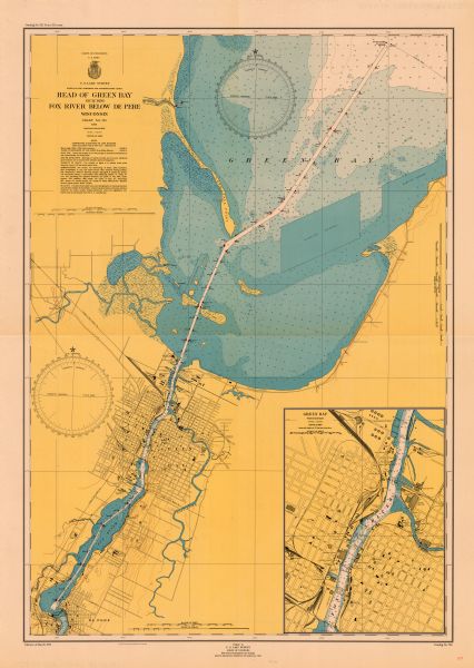 This map has depths shown by bathymetric tints and soundings and relief shown by contours, the depths are shown in feet. There is an inset map of Green Bay, Wisconsin. The back of the map has an outline of charts of the Great Lakes, Lake Champlain, New York canals, Minnesota-Ontario border lakes.