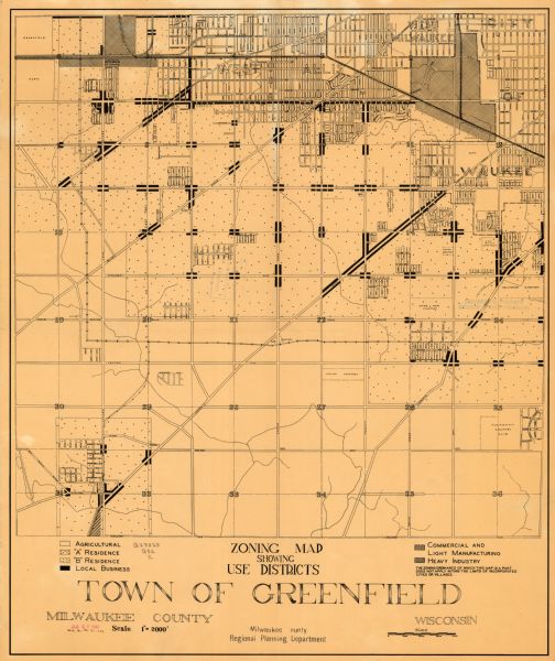 This map shows 6 types of zones, as well as cemeteries and streets and includes portions of Greenfield, West Allis, West Milwaukee, and the city of Milwaukee. "Milwaukee County Regional Planning Department" is Stamped below the title.