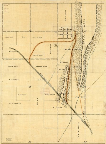 This map is ink and color on tracing cloth and shows Iron Ridge, the hotel and saw mill at Iron Ridge Village, Milwaukee & St. Paul Railway, plank road, and waterways. Relief shown by hachures and the map is oriented with north to the left.
