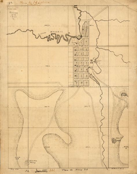 This map of Ironton is pen-and-ink on paper and shows lots and block numbers, mill, foundry buildings, limestone quarry, iron mine, and roads. Relief is shown by hachures.