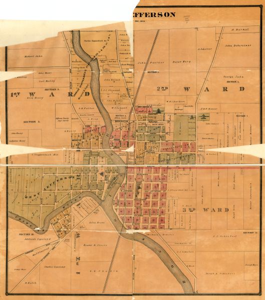 This map shows landownership, lot and block numbers, wards, cemeteries, and the high school. The map has been removed from Page’s Atlas of Jefferson County, 1887.