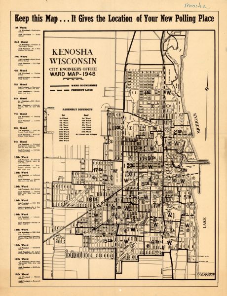 This map shows wards and precincts and includes a list of polling places by ward and precinct. The map reads: "Keep this Map . . . It Gives the Location of Your New Polling Place". The bottom right corner reads: "July 22, 1948".