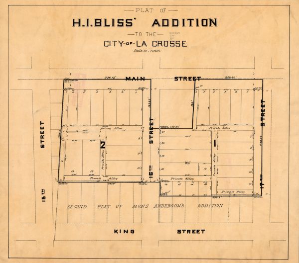 This map show a plat and covers the area bordered by Main to King streets and from 15th to 17th streets.