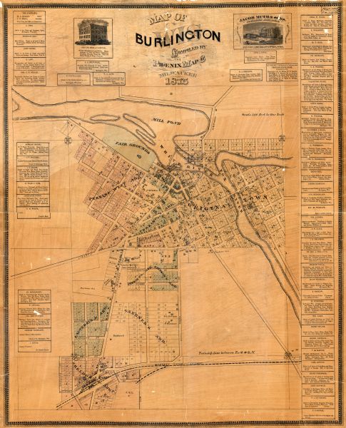 This map shows land ownership by name, plat of town, local streets, fairgrounds, part of White and Fox Rivers. The map includes illustrations of buildings and advertisements for local businesses.

