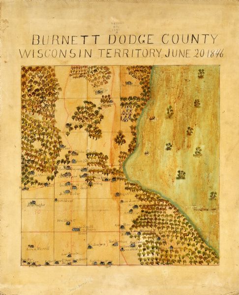 This map is paint and ink on board with relief shown pictorially. The map was planned by Alfred Ames, drawn by one daughter and painted by another daughter, Mrs. George W. Mayhew. The map shows land ownership by name, town divisions, houses, landscape, and locations of Indian territory.