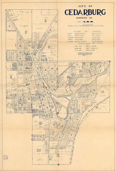 This map shows plat of town, boundary lines of assessors blocks, land ownership by name, local streets, railroads, wards, lots, and parts of Cedar Creek. The map includes a list of officers, aldermen, and ward supervisors for the year 1938.