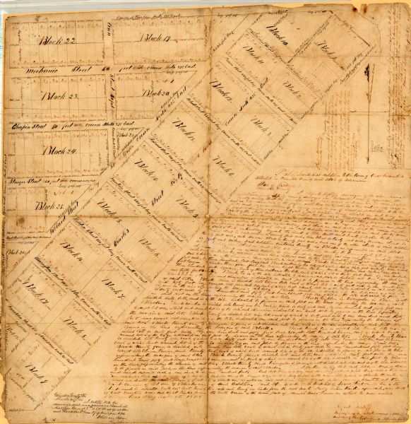 This map is ink and pencil on paper and shows plat of the town, local streets, and blocks and lots by number. The map includes explanatory text.