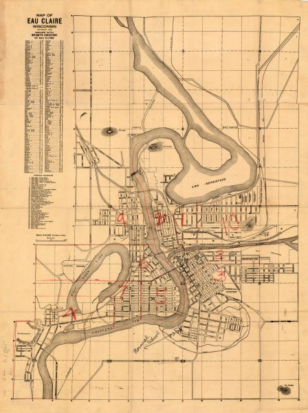 This map has relief shown by hachures and is indexed by street name and buildings. The map shows plat of town, city limits, local streets, railroads, schools, local businesses, parks, cemeteries, Half Moon Lake, and parts of Chippewa River and Eau Claire River. The map includes significant manuscript annotations in red and in pencil.